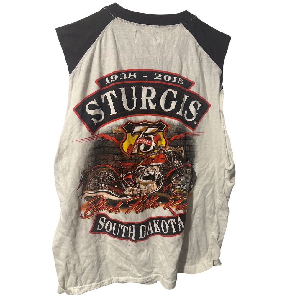 Pacific & Co Sturgis 75th Anniversary Motorcycle Muscle Tee White Black Large